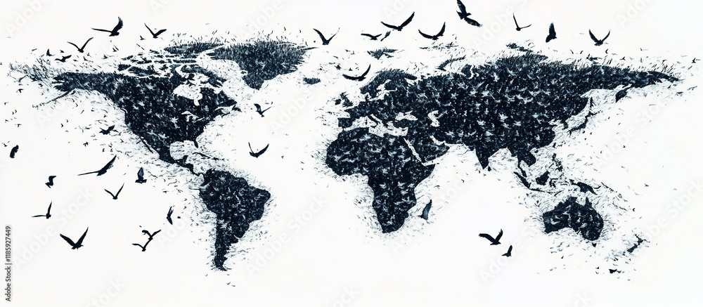 Obraz premium Global Flight: A World Map Crafted from Birds in Flight