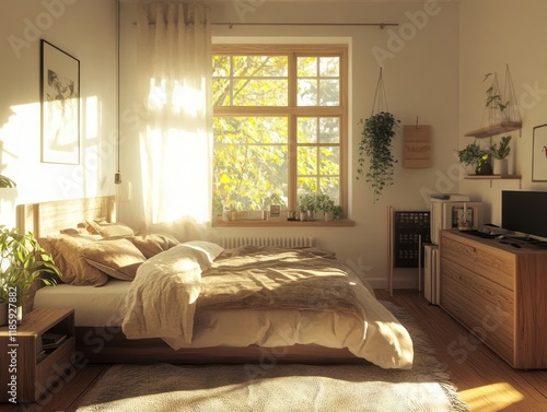 Sunlit Bedroom With Wooden ...
