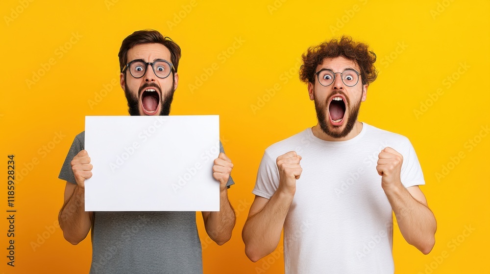 Excited Men Expressing Joy and Surprise with Empty Sign on Bright Yellow Background Excited Men Expressing Joy and Surprise with Empty Sign on Bright Yellow Background
