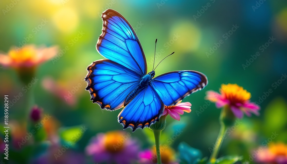 Vibrant Blue Butterfly on a Multicolored Blossom Vibrant Blue Butterfly on a Multicolored Blossom
