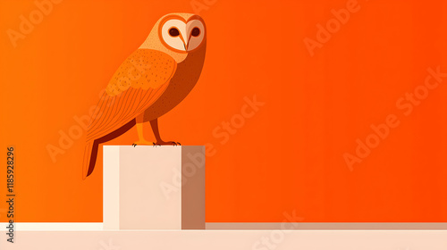 Barn Owl perched on cube, orange background, minimalist design. photo