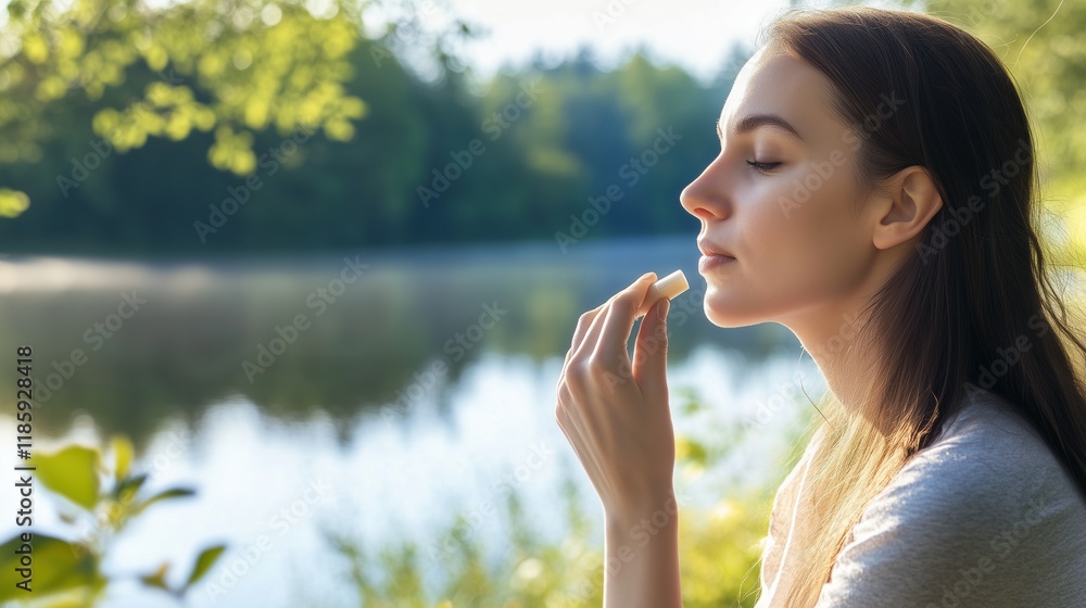 A Woman Eating Something by the Side of a Lake - Generative AI