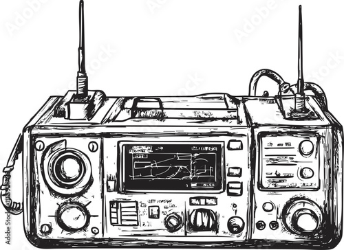 Black and white illustration of a vintage radio communication device.