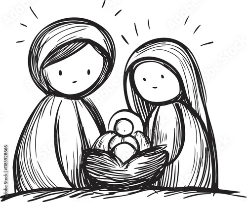 Simple black and white nativity scene illustration with Mary, Joseph, and baby Jesus.