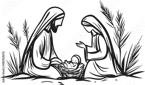 Illustration of nativity scene with Mary, Joseph, and baby Jesus.