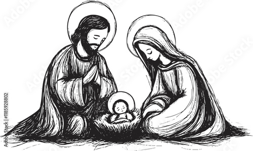 Sketch illustration of the nativity scene with Jesus, Mary, and Joseph.