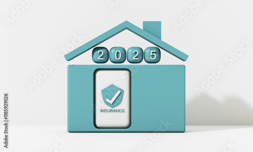 Blue house model with the year 2025 and an insurance emblem, representing safety, future planning, and stability in home ownership. Minimalistic design. 3d rendering. photo