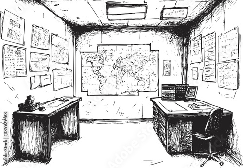 Black and white sketch of an office with desks and a world map.