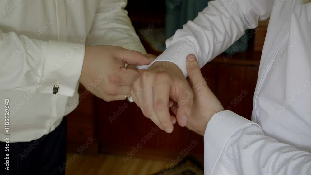 The groom's preparations for the wedding. The best man helps him put on cufflinks for his shirt The groom's preparations for the wedding. The best man helps him put on cufflinks for his shirt