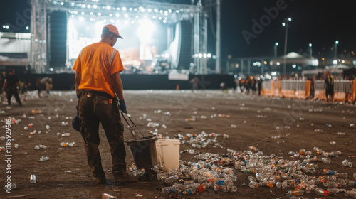 garbage collector cleans up plastic bottles after festival, showcasing importance of waste management and environmental responsibility photo