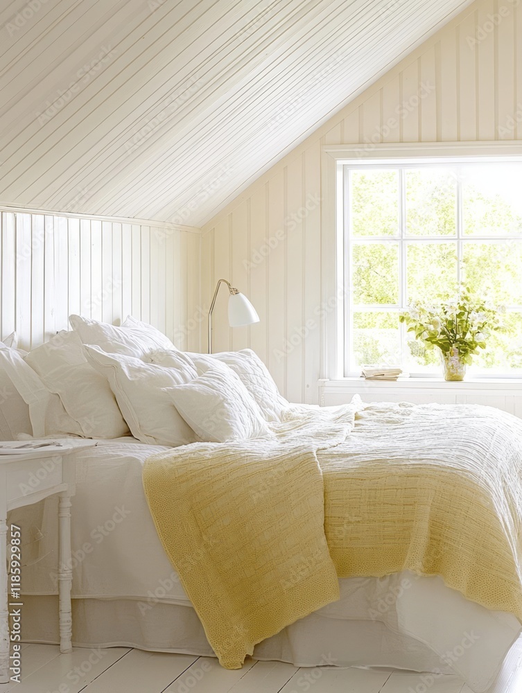 Serene White Bedroom With Yellow Blanket And Wooden Walls Serene White Bedroom With Yellow Blanket And Wooden Walls