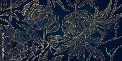 Vector flower peony pattern, line gold on blue luxury vintage background. Japanese floral elegant illustration