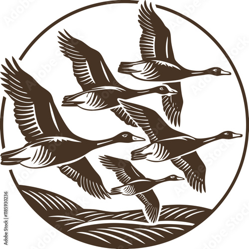 Bird flock, flying geese flock in vintage sepia illustration