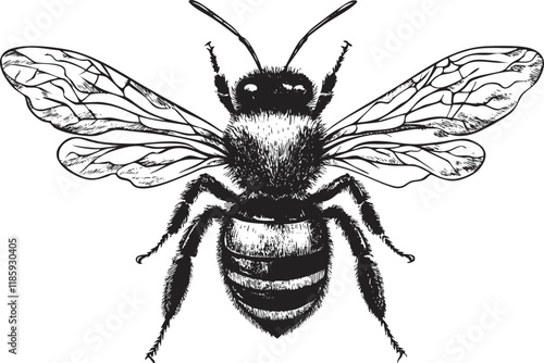 Detailed black and white illustration of a bee with intricate wings.