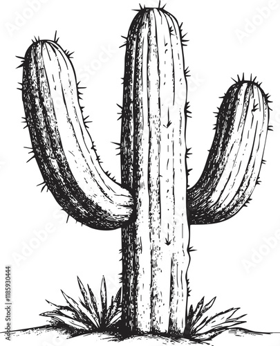 Black and white illustration of a saguaro cactus with detailed sketching.