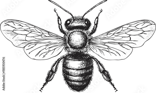Detailed black and white illustration of a bee with wings.