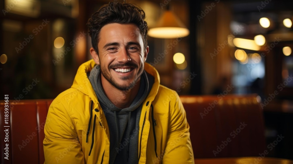 A man in a yellow jacket is smiling and sitting at a table A man in a yellow jacket is smiling and sitting at a table