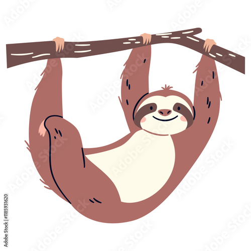 Flat vector illustration in a simple children's style. Cute sloth hanging on a branch on a tree on white background . Vector illustration