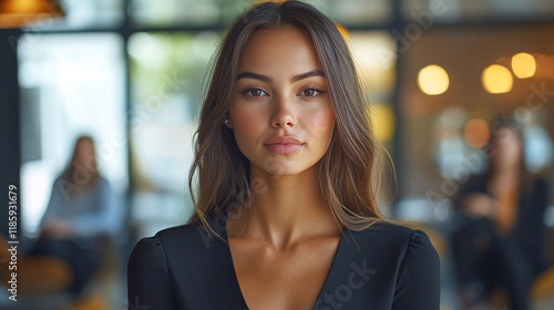 Portrait of confident young businesswoman boss in business black suit in workroom of modern business center on working day Free Download Portrait of confident young businesswoman boss in business black suit in workroom of modern business center on working day - GFXLoad