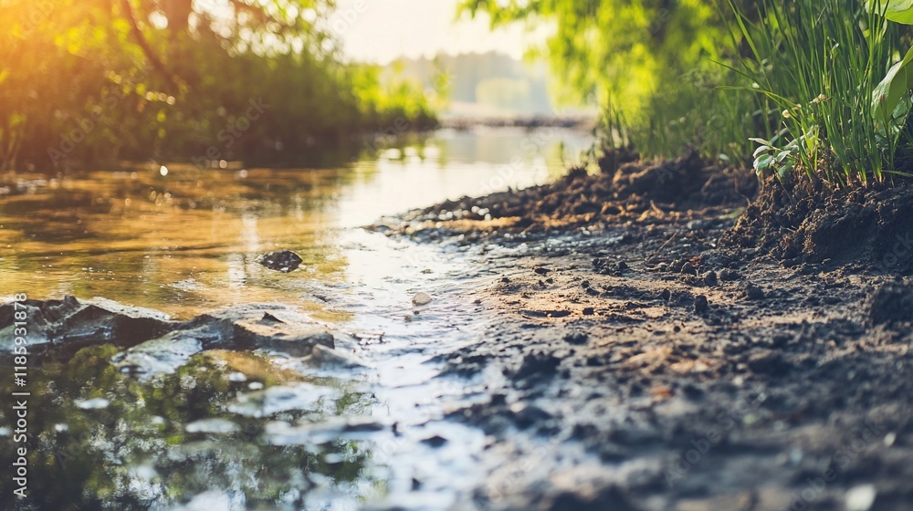 Fototapeta premium Serene Creekside: A Tranquil Morning by the Water