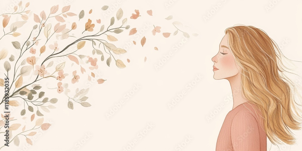 Woman with flowing hair breathes in blossoms and leaves Woman with flowing hair breathes in blossoms and leaves