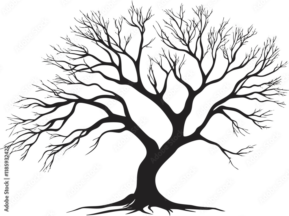 Obraz premium Silhouette of a leafless tree with intricate branches on white background.
