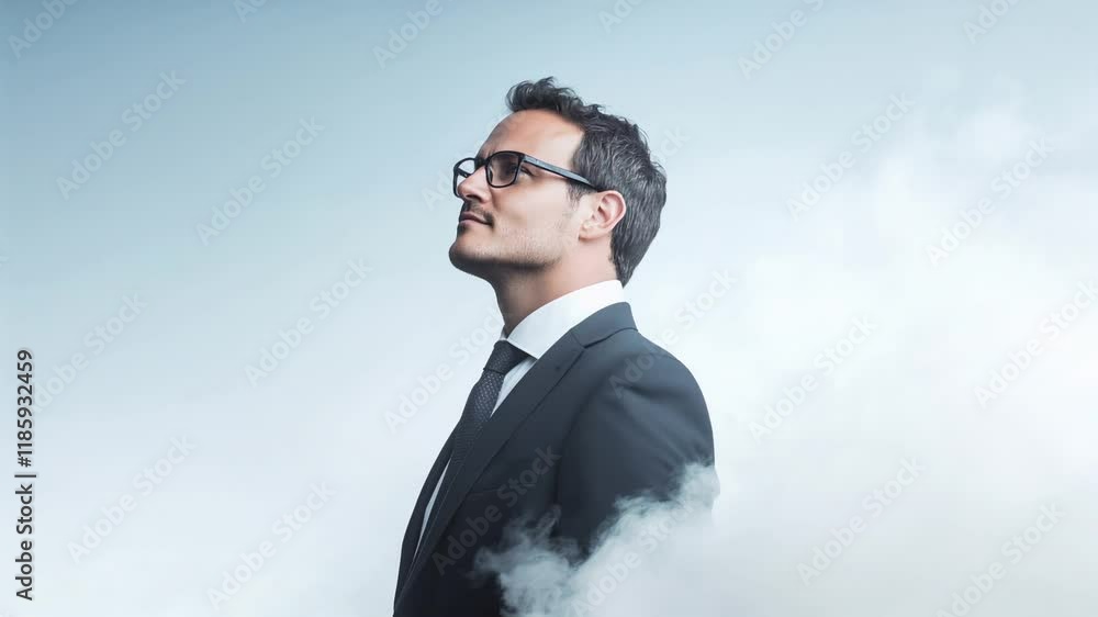 Aspiring to Greatness: A confident businessman stands tall against a cloudy sky, his gaze fixed on a bright future, embodying the spirit of ambition and reaching for success. Aspiring to Greatness: A confident businessman stands tall against a cloudy sky, his gaze fixed on a bright future, embodying the spirit of ambition and reaching for success.