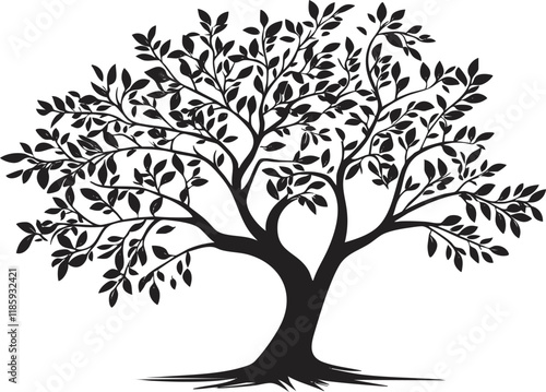 Silhouette of a tree with detailed branches and leaves in black and white.
