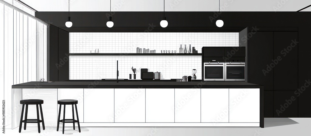 Modern monochrome kitchen with island, stools, and appliances. Modern monochrome kitchen with island, stools, and appliances.