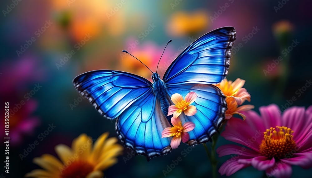 Vibrant Blue Butterfly on a Multicolored Blossom Vibrant Blue Butterfly on a Multicolored Blossom