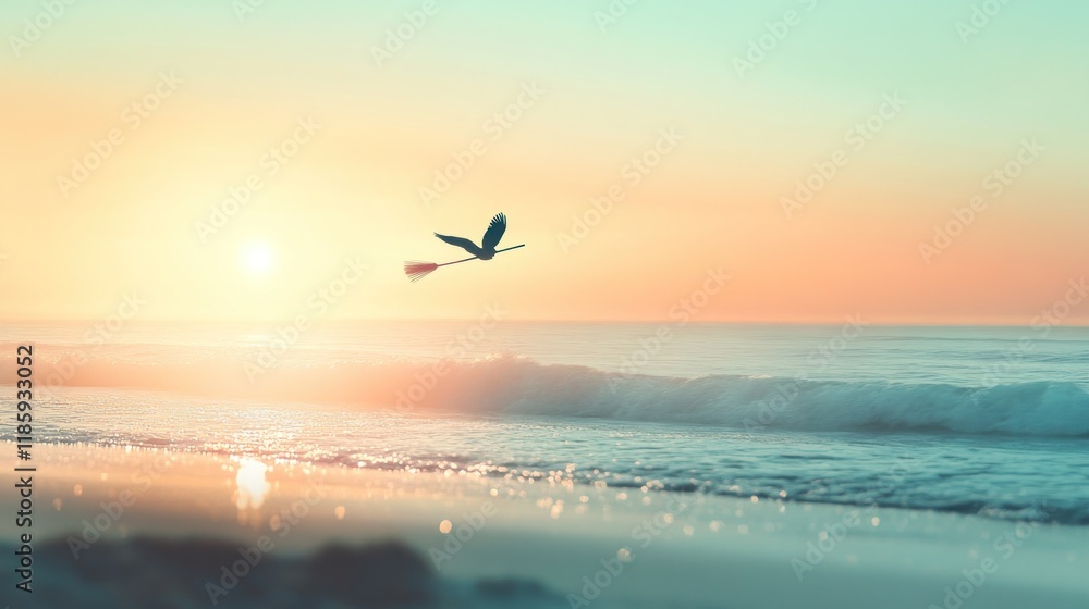 Dragonfly silhouette flying over ocean sunrise. Dragonfly silhouette flying over ocean sunrise.