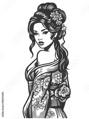 geisha in a floral-patterned kimono, asian woman sketch engraving generative ai fictional character vector illustration. Scratch board imitation. Black and white image.