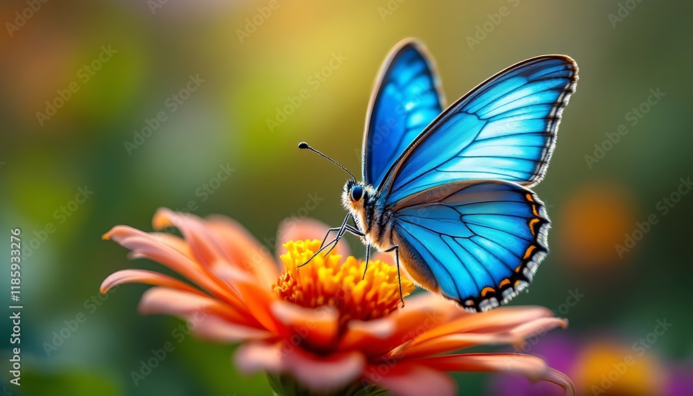 Obraz premium Vibrant Blue Butterfly on a Multicolored Blossom