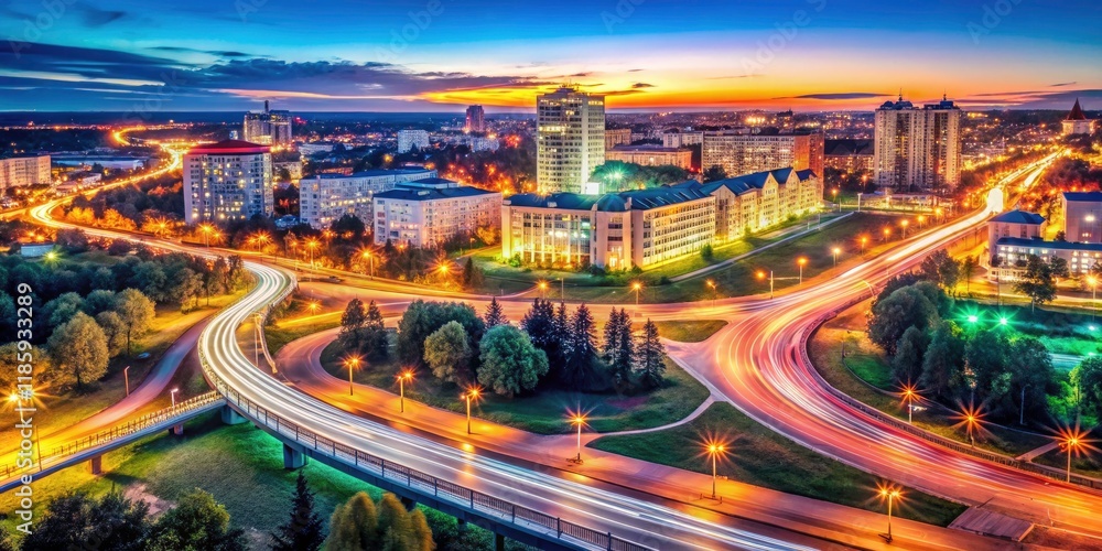 Fototapeta premium Belarus' Minsk: Vostok's nocturnal beauty revealed through a breathtaking long-exposure city nightscape.
