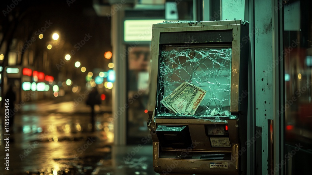 Fototapeta premium Broken ATM, Night City Scene: A dollar bill rests amidst shattered glass, reflecting the urban lights in a rain-slicked street, symbolizing vulnerability and urban decay.