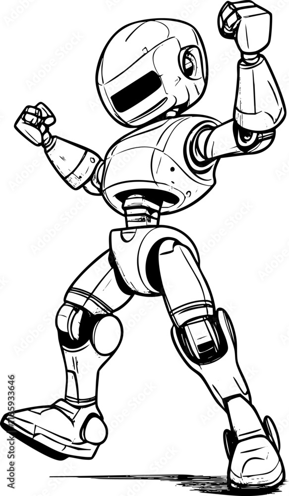 Fototapeta premium Black and white cartoon robot illustration with a dynamic pose.