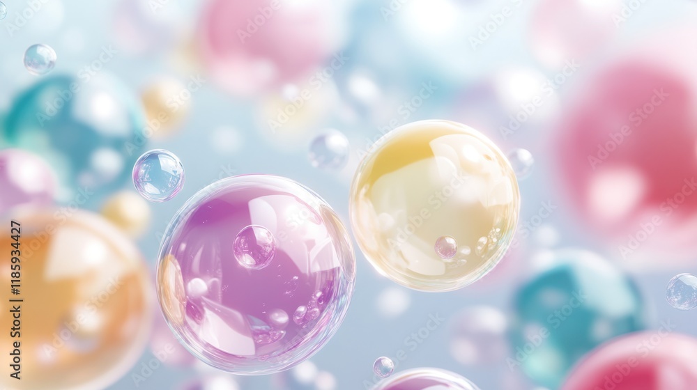 Pastel-colored translucent bubbles floating in air. Pastel-colored translucent bubbles floating in air.