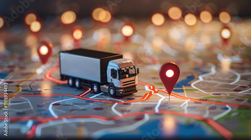 miniature truck on map with glowing location markers, symbolizing logistics and transportation. This captures essence of route planning and delivery efficiency
