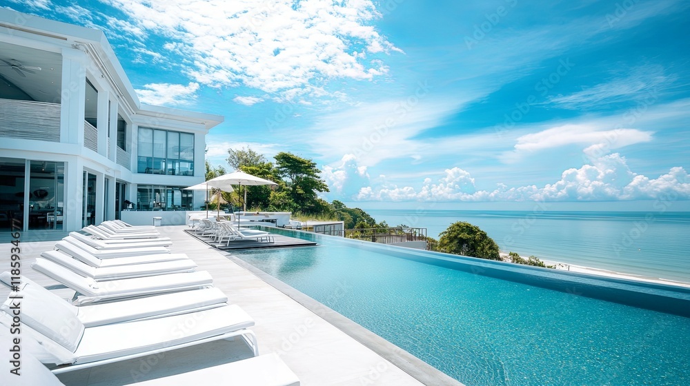 Fototapeta premium Modern luxury white beach hotel with stunning sea and blue sky