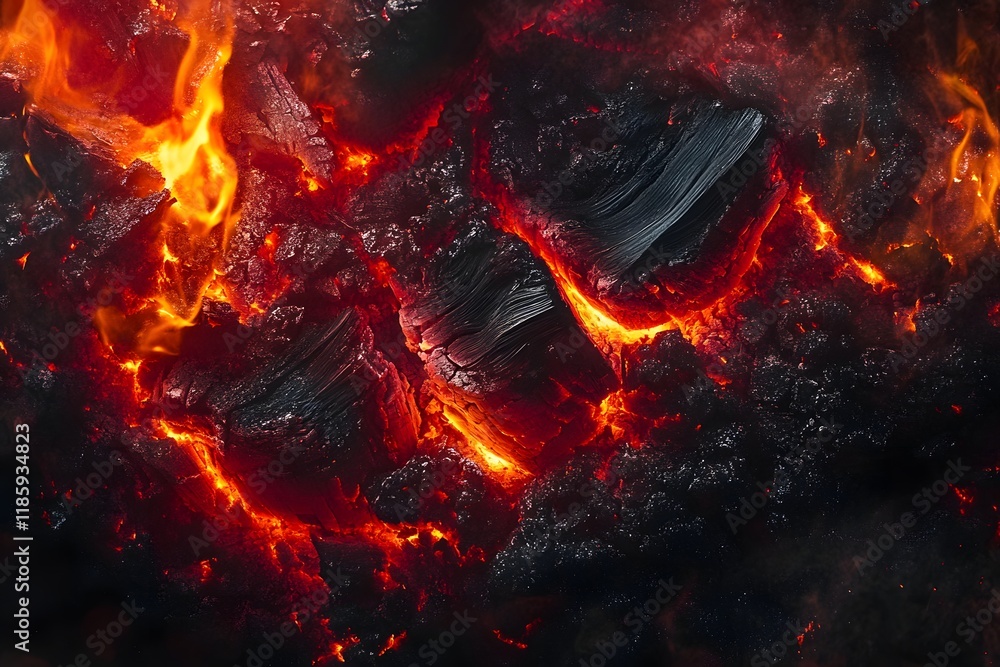 Glowing Embers Burning in Fireplace, Night Glowing Embers Burning in Fireplace, Night