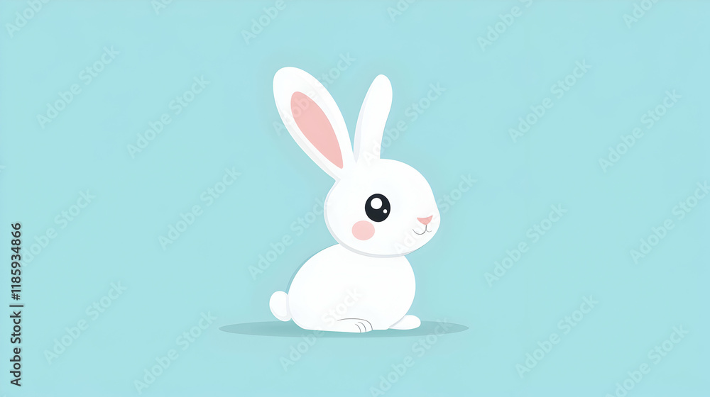 Cute white bunny sitting on light blue background, Easter greeting card design.