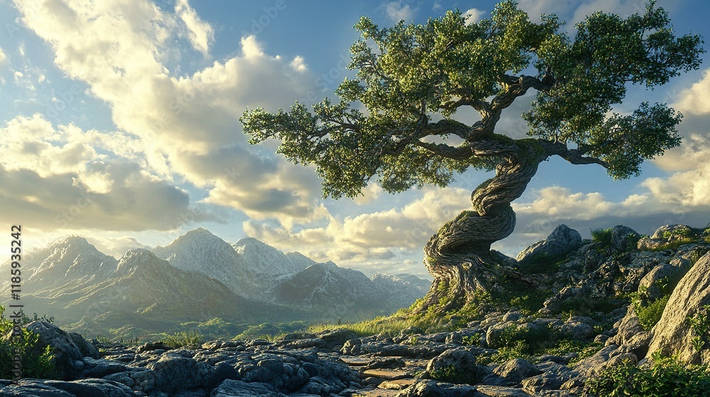Majestic twisted tree on rocky mountain peak at sunset. Majestic twisted tree on rocky mountain peak at sunset.