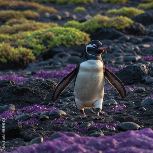 A Galápagos penguin waddling on a glowing purple and green rocky shore. photo