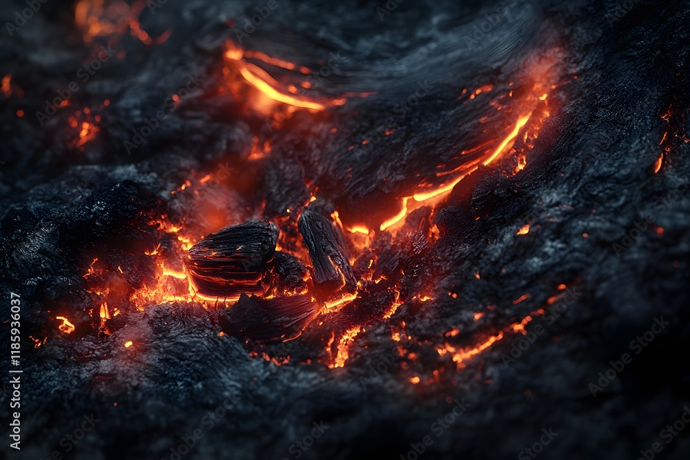 Molten lava flows through dark volcanic rock, fiery background, texture Molten lava flows through dark volcanic rock, fiery background, texture