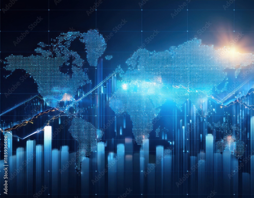 Abstract image of a glowing world map with rising bar graphs and financial data overlays Abstract image of a glowing world map with rising bar graphs and financial data overlays