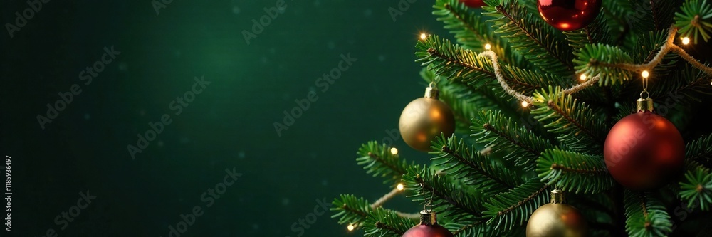 Lush green fir tree with ornaments and lights, garlands, christmas decorations Lush green fir tree with ornaments and lights, garlands, christmas decorations