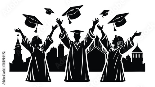 Graduates in mantles throwing up graduation caps Graduated from university and college