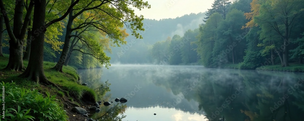 Fototapeta premium misty morning in the beech forest near a small lake, serene lake, moody woods, undergrowth