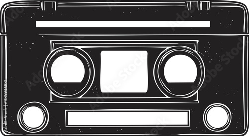 Black and white illustration of a vintage cassette tape icon.
