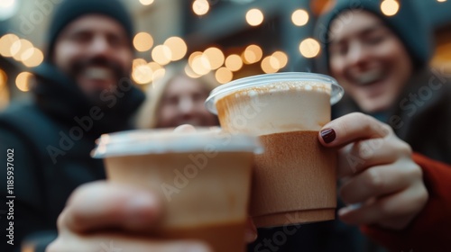 Friends share laughter and espresso at a cozy outdoor cafe under warm string lights photo